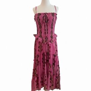 Free People Pink Smocked Midi Dress Floral Tiered Boho Sundress Size S